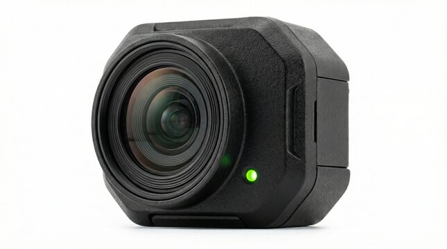 Compact Black Police Body Camera with Green Recording Light on White Background