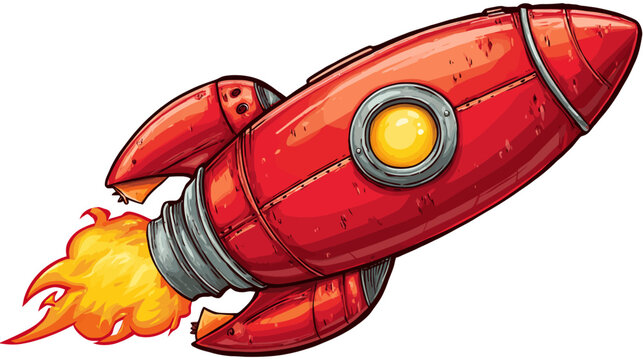 A cartoon-style red rocket ship with visible rivets and flames coming from the exhaust