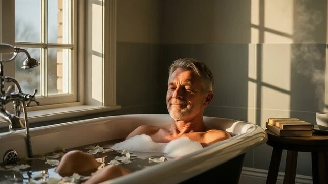 Senior male mental health self-care routine with bubble bath and flower petals at home