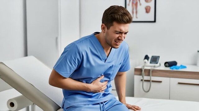 Young male healthcare worker in blue scrubs sitting on clinic exam table with acute abdominal pain