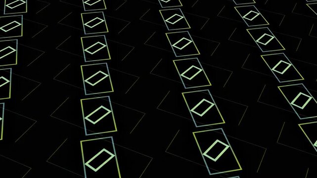 Isometric geometric pattern with rotating green and yellow rectangles on a black background for corporate motion graphics and grid layouts.