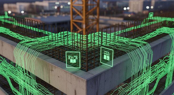 Futuristic digital construction site, smart building technology, green wireframe BIM