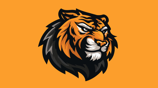 A roaring tiger head emblem with orange and black fur against an orange background