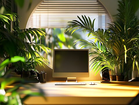 Sunlit workspace embracing nature with computer and tropical foliage indoors