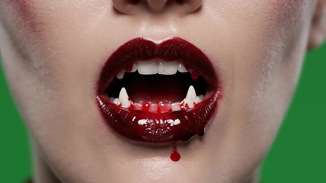 A close-up of a person's mouth with dark lipstick and fangs dripping with blood