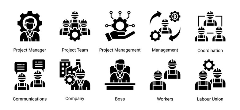 Construction team and management icon set featuring leadership,coordination,workforce,and communication.Ideal for organization and business management concepts.
