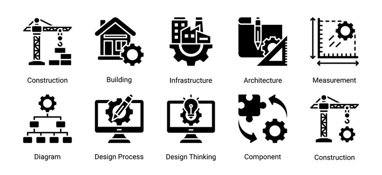 Construction and engineering icon set featuring building,infrastructure,architecture,and design process.Ideal for engineering and development projects.