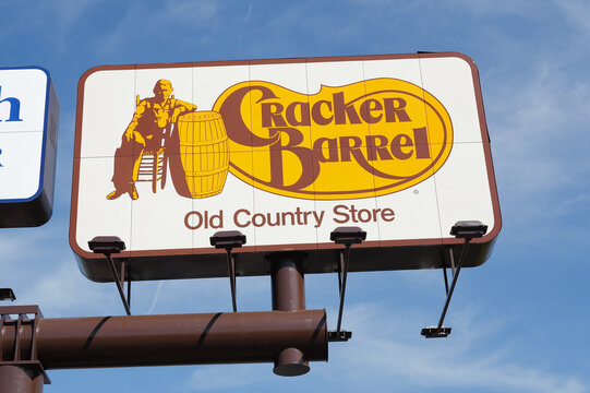 Cracker Barrel Old Country Store restaurant billboard with classic Cracker Barrel illustration brand logo