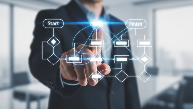 Business process automation with digital flowchart interface. Corporate manager optimizing workflow logic. Virtual project management diagram with start and finish nodes.