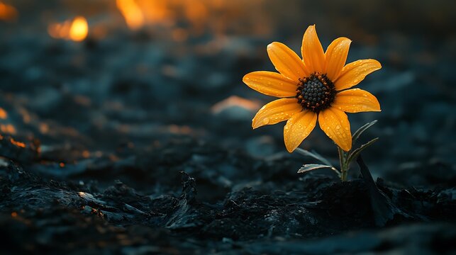 Resilience of nature: a yellow flower blooming amidst charred earth background