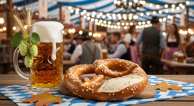 Oktoberfest Beer and Pretzel in Traditional German Setting