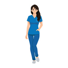 Fototapeta premium Confident Female Nurse Walking in Blue Medical Scrubs. Flat Vector Character
