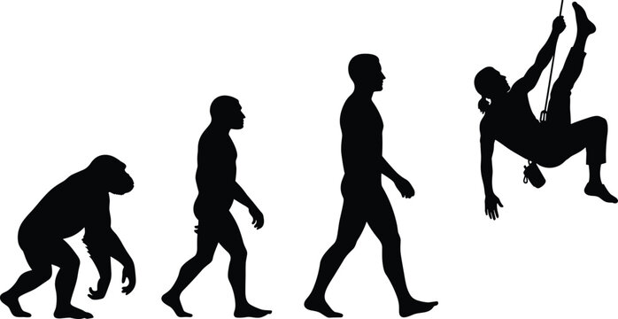 Black silhouettes set of human evolution progress from primate to modern man ending with a rock climber isolated on white, progress