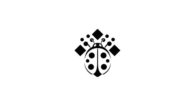 A black and white illustration of a stylized ladybug with geometric elements