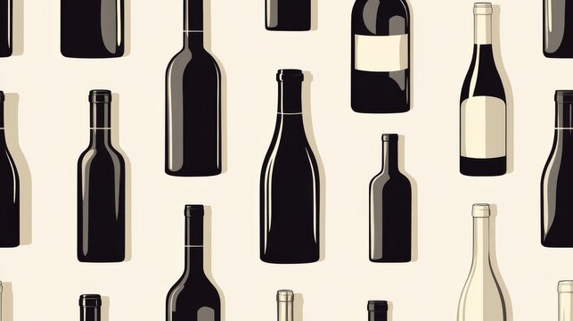 A seamless pattern of wine bottle outlines in different sizes and heights, filled with solid black against a soft cream backdrop
