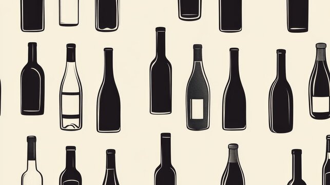 A seamless pattern of wine bottle outlines in different sizes and heights, filled with solid black against a soft cream backdrop