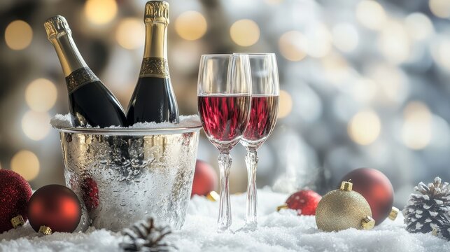 Elegant wine bottle chilled in a silver ice bucket with frosty surface, accompanied by two crystal wine glasses on a snowy table with red and gold Christmas ornaments