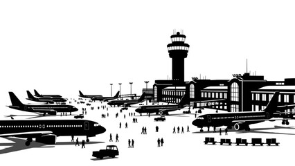 Fototapeta premium Busy Airport Terminal Silhouette Airplanes Runway Control Tower Aviation Travel Scene Illustration