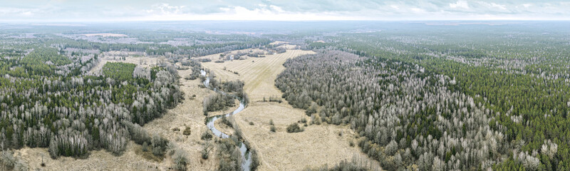 small winding river flows through the valley. spring forest. panoramic aerial view.