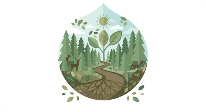 Stylized illustration of a vibrant forest ecosystem with a winding path, deer, and a central plant with roots, all contained within a water drop shape, symbolizing nature and growth.