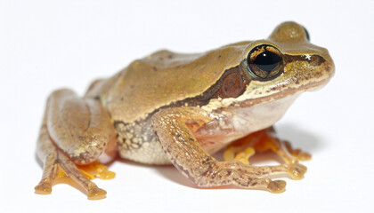 Obraz premium A brown frog with distinctive markings sits on a white surface looking forward.