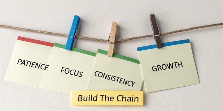 Motivational Notes on a String Displaying Key Concepts of Success and Personal Development in a Creative Setting
