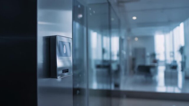 Biometric fingerprint scanner ensuring secure access control in a modern office environment, highlighting innovation and advanced technology protecting sensitive areas