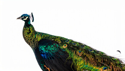 Obraz premium A peacock stands proudly in profile view outdoors displaying vibrant feathers and colorful plumage.