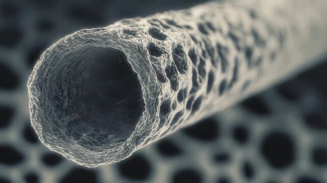 Microscopic view of an abstract nanotechnology tube, featuring a textured surface and hollow interior, an advanced concept for materials science, engineering, and innovative research
