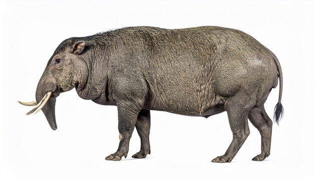 A large prehistoric mammal with tusks stands on a plain background.