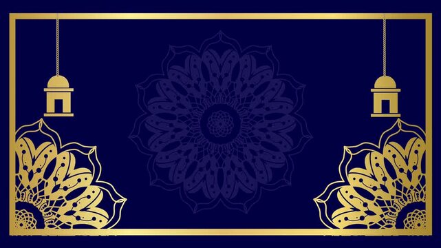Ramadan Kareem background with gold mandala ornaments hanging lanterns and stars on luxury navy blue backdrop for Islamic greeting card