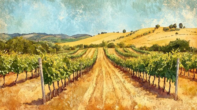 Artistic hand-rendered vineyard section with winding rows of grape plants, earthy textures, and delicate watercolor blending for a countryside feel
