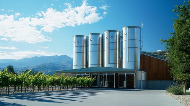 Exterior view of a contemporary winery plant with vineyard in the background, metal silos, and loading dock for wine shipment