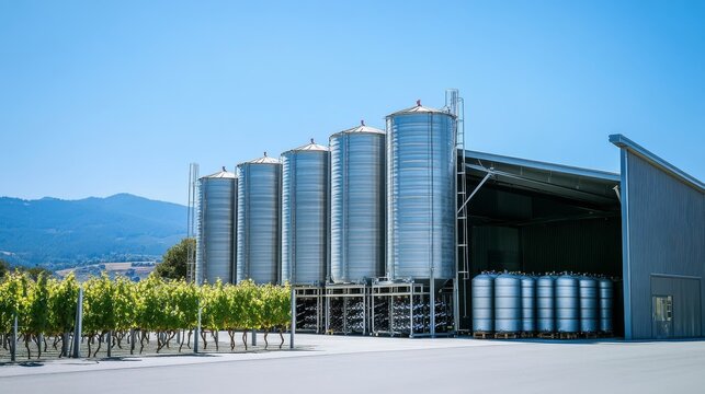 Exterior view of a contemporary winery plant with vineyard in the background, metal silos, and loading dock for wine shipment