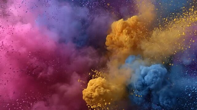 Vibrant clouds of colored powder explode outwards in a dynamic, abstract display of energy and motion