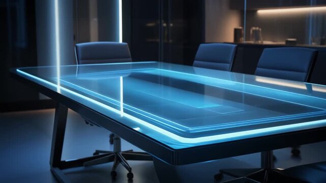 A high tech meeting table with illuminated surface interactive workspace