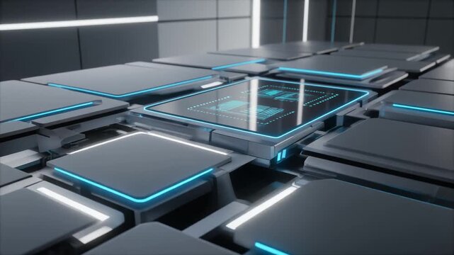 A modular tech platform with glowing panels futuristic hardware concept