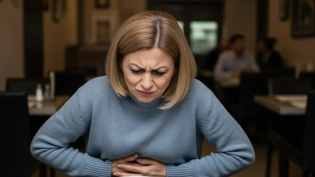 Mature blonde woman suffering from gluten intolerance and stomach pain in a restaurant setting
