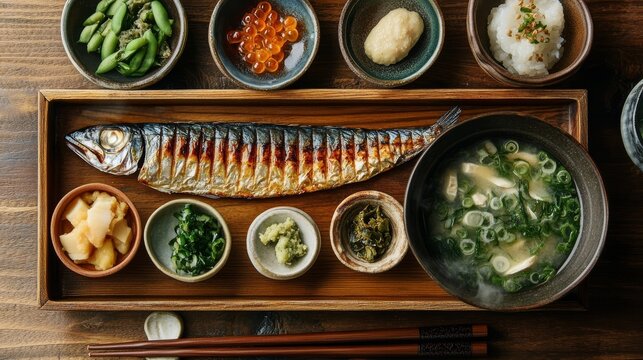 Minimalist breakfast scene showing grilled mackerel, side dishes in small bowls, chopsticks, and a steaming bowl of miso soup arranged on a wooden tray