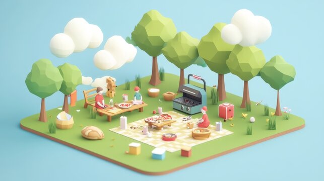 Low poly isometric outdoor scene with people enjoying a picnic, portable grill, cooler box, and utensils under trees and clouds in pastel colors