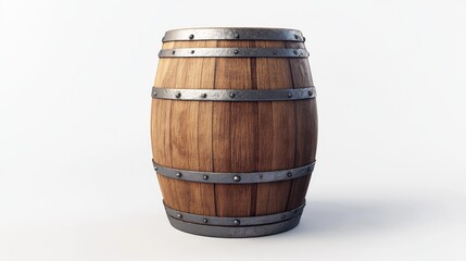 Obraz premium Realistic 3D rendering of a wooden wine barrel with metal bands, displayed upright on a clean white background with soft shadows