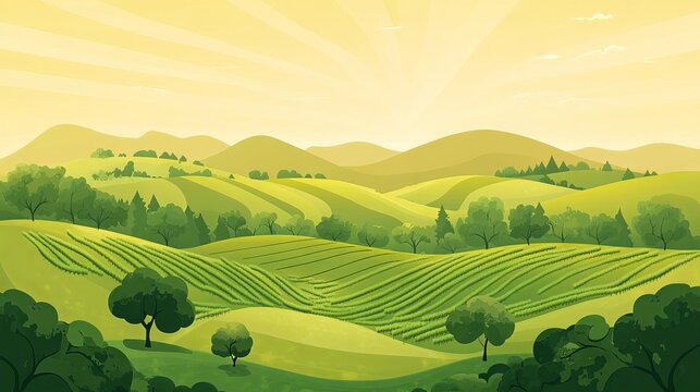 Flat vector horizontal farm banner with green vineyard rows, orchard tree silhouettes, and rural hills blending in a minimalist and eco-conscious style
