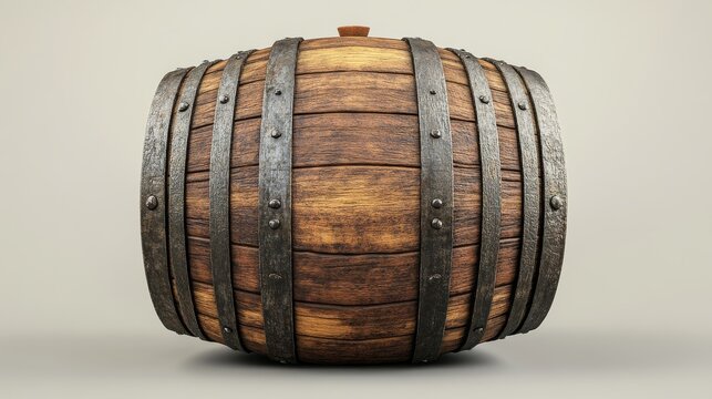 High-resolution 3D illustration of a classic oak barrel with visible wood grain texture and aged metallic hoops, isolated for product mockup