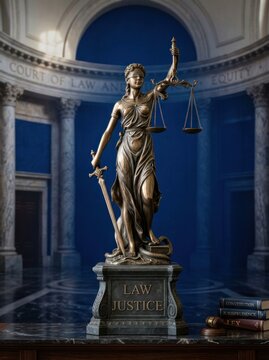 A bronze statue of Lady Justice stands prominently in a grand courtroom setting. The statue holds scales with a sword, symbolizing law and justice.