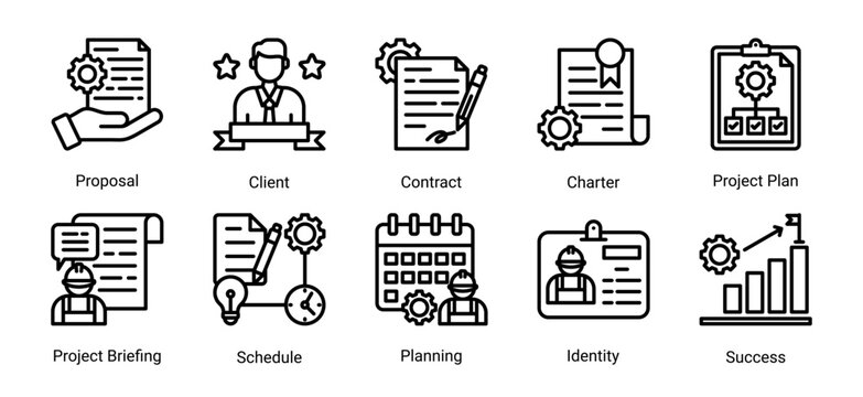 Construction project planning icon set featuring proposal,contract,scheduling,and business strategy.Ideal for planning,management,and workflow concepts.