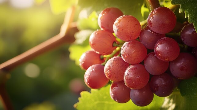 Studio-style isolated shot of red grapes on the vine, slight color gradients and gloss on grape skin, clean botanical look