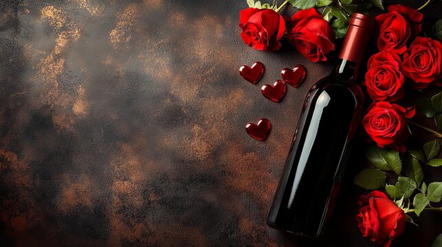 Flat lay image with a wine bottle, red roses in full bloom, metallic heart sequins, and subtle shadows creating elegant space for a promotional message