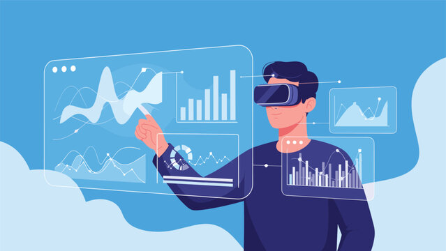 Young man wearing a VR headset interacting with floating holographic charts and digital data graphs in a virtual space.