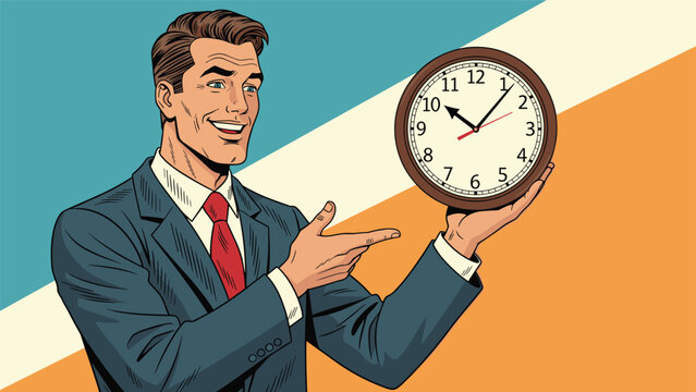 Smiling businessman in a suit pointing at a large wall clock emphasizing time management punctuality or a deadline.