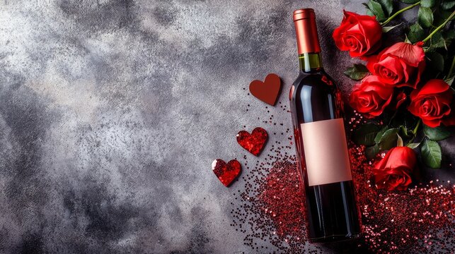 Flat lay image with a wine bottle, red roses in full bloom, metallic heart sequins, and subtle shadows creating elegant space for a promotional message